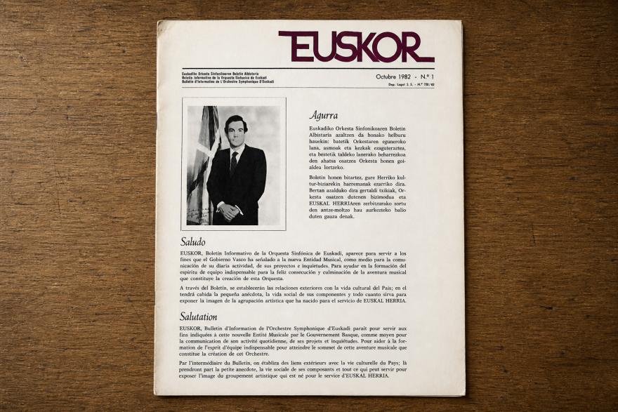 El primer número de Euskor, el boletín informativo de Euskadiko Orkestra, se abría con un saludo del lehendakari, Carlos Garaikoetxea.